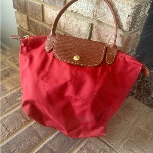 Longchamp Red Nylon Tote with Brown Leather Trim